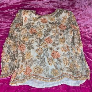 Vintage Black Tie Sequin & Beaded Scalloped Blouse